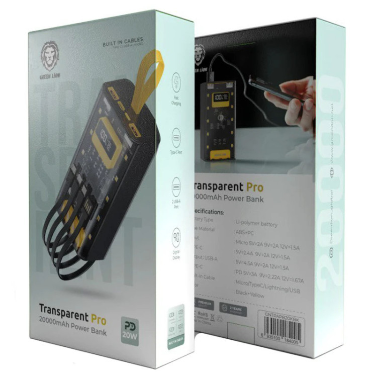 پاور بانک فست شارژ گرین لاین Transparent Pro PD 20W ظرفیت 20000 میلی آمپر ساعت