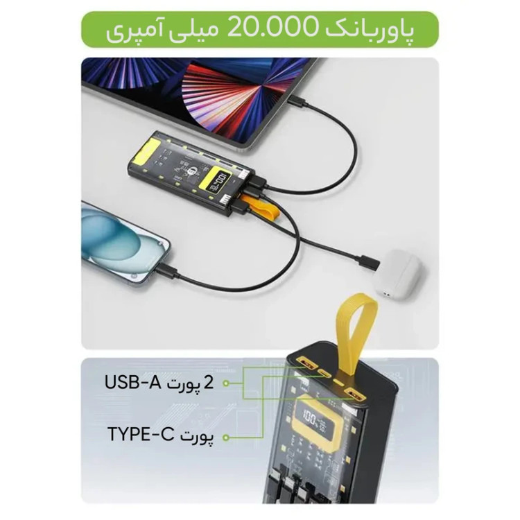 پاور بانک فست شارژ گرین لاین Transparent Pro PD 20W ظرفیت 20000 میلی آمپر ساعت